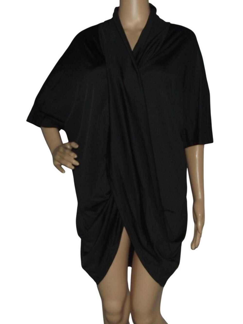 Lyaner Tunic Shirt Woman Size Large black ruched drape v-neck elbow sleeves